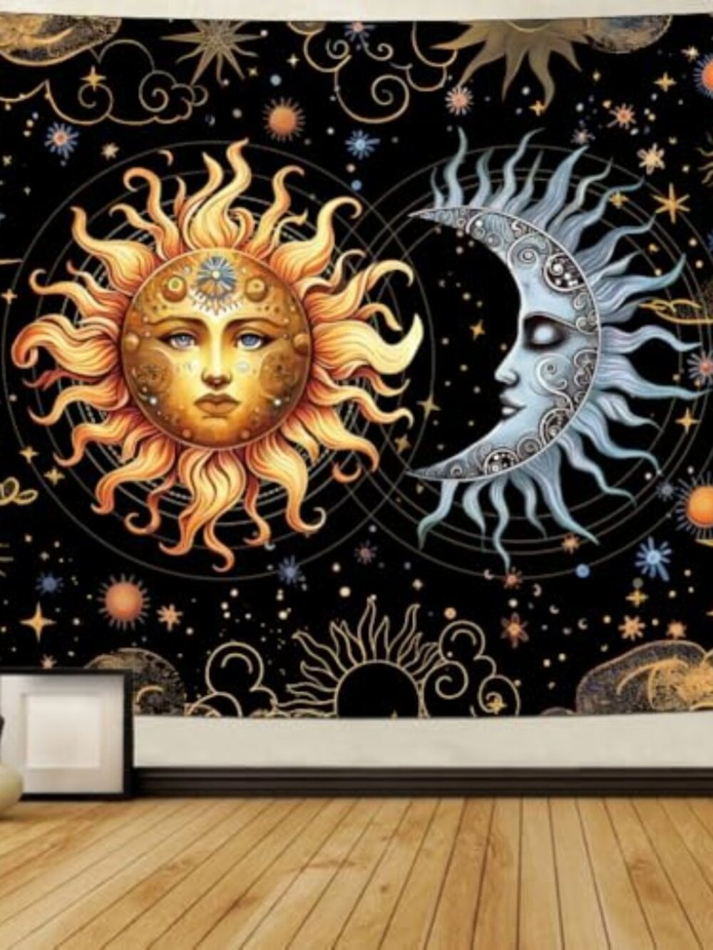 BRAND NEW Sun and Moon Tapestry Boho Black Golden Tapestries 59.1"L x 51.2"W
